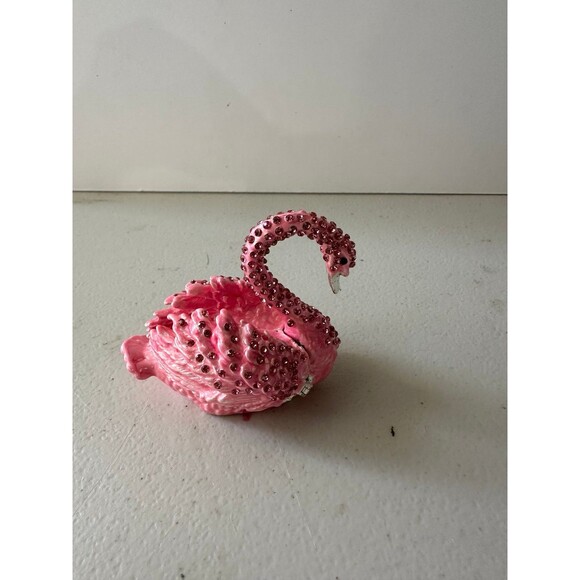 Bejeweled Pink Swan Hand Painted Enamel Collector's Magnetic Hinged Trinket Box - Picture 3 of 6